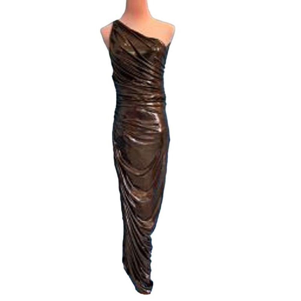 NWT Norma Kamali Diana Gown Gunmetal Liquid Metallic XS S Ruched One Shoulder